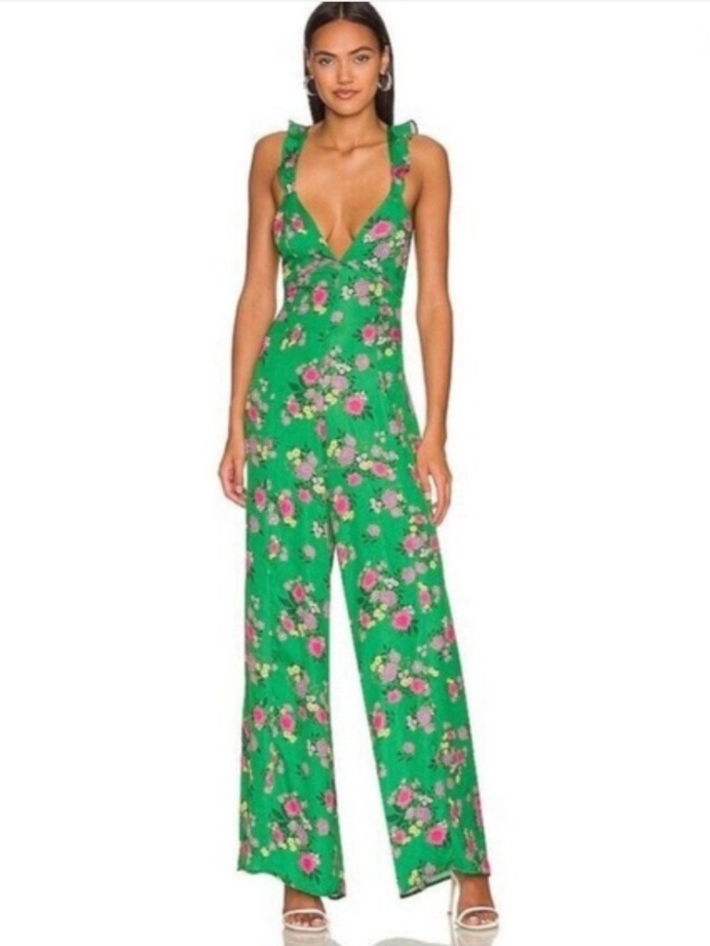 RESA Green Floral Ruffle-Strap Wide-Leg Jumpsuit